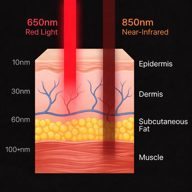 Diagram of red and near-infrared light penetration through skin layers