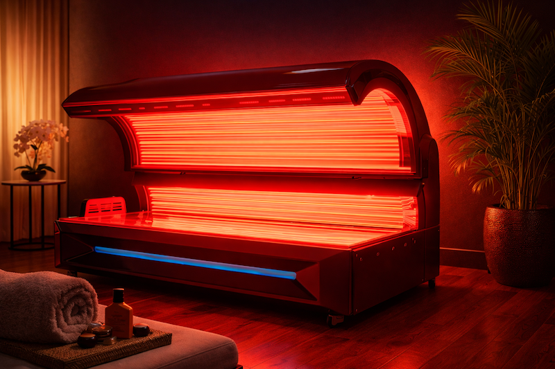 Full-body red light therapy bed in a relaxing studio