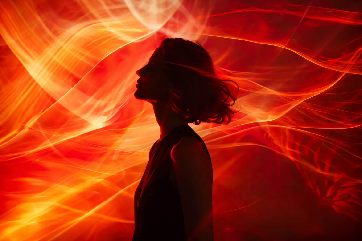 Silhouette of a woman surrounded by red light