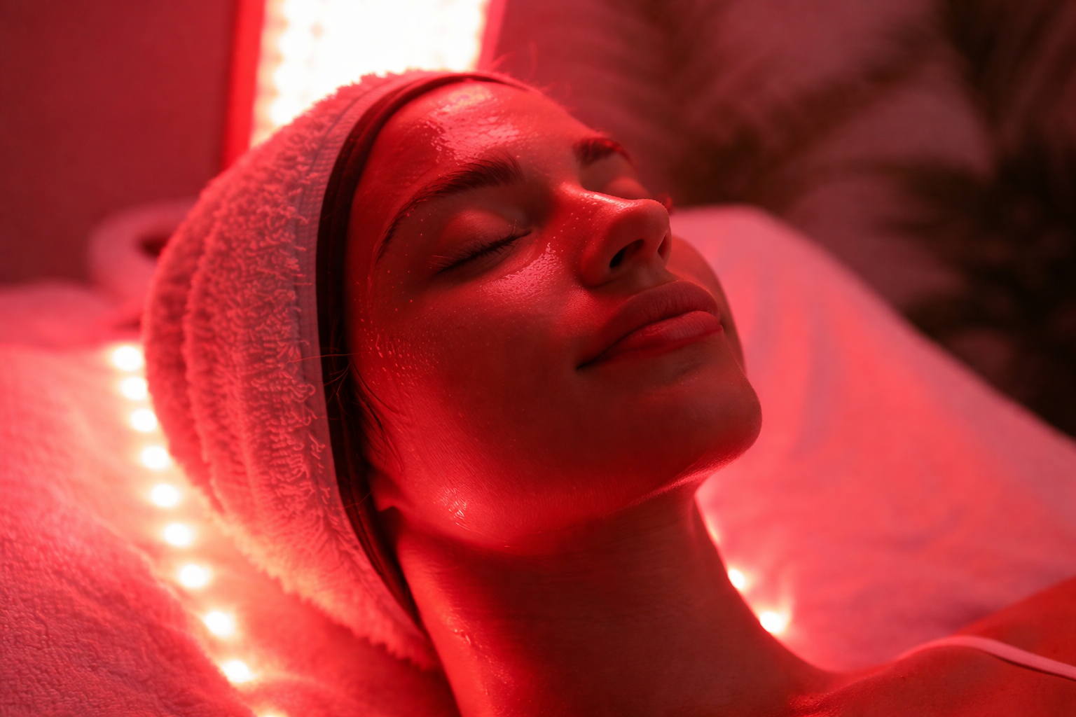 Woman relaxing under red light during a facial session